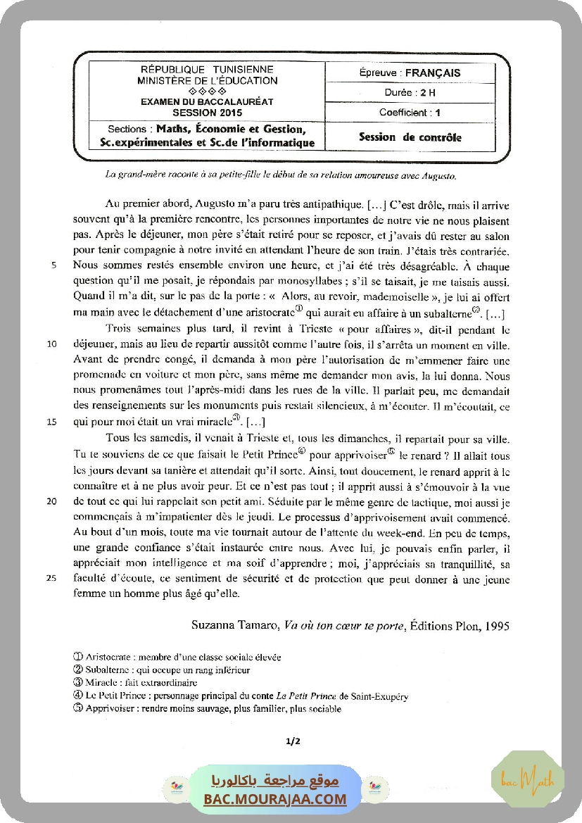 Sujet controle francais Bac 2015 – Section math